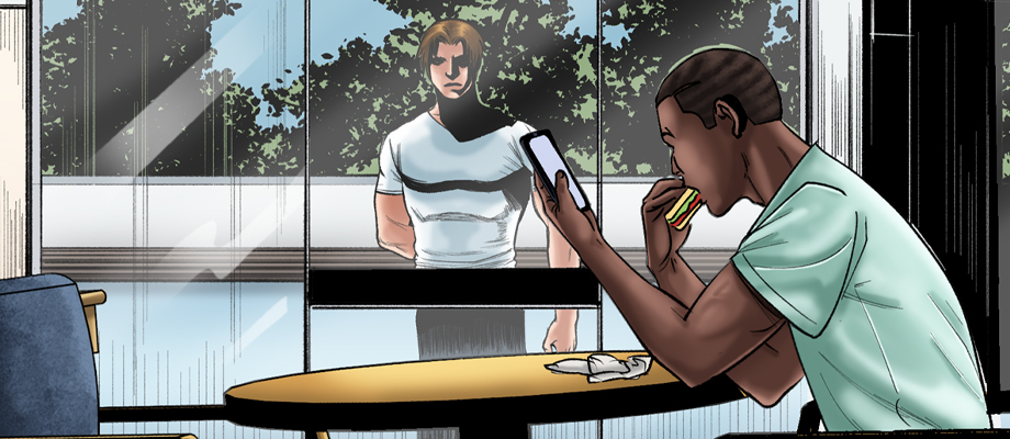 A suspicious-looking
				man peers into a room where another man is eating and looking at his phone