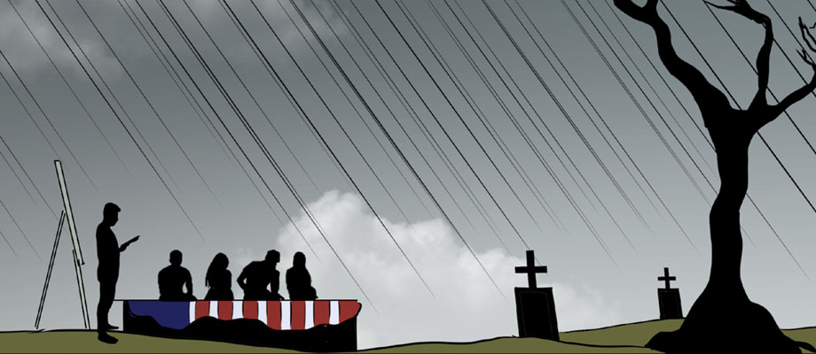 A military funeral
				on a rainy day