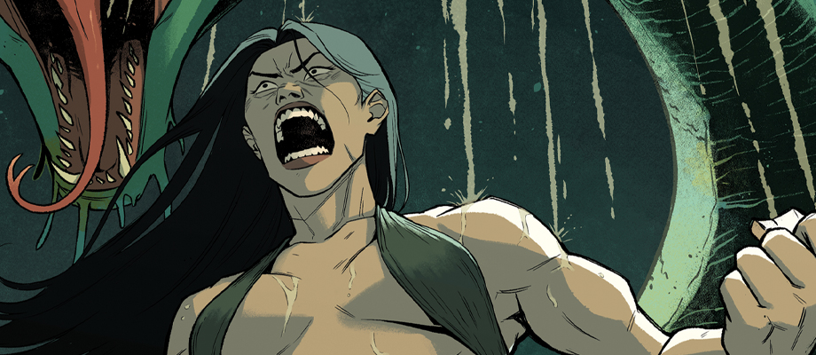 A muscular woman screams
                vengeful anger into the heavens.